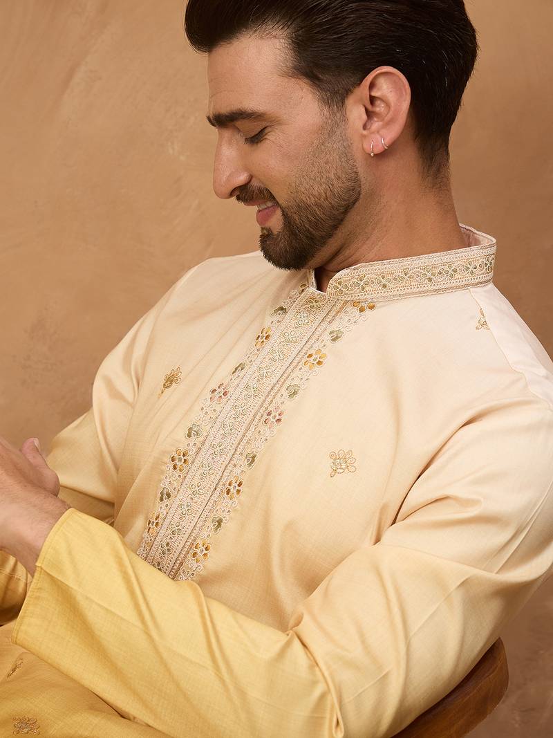 Men yellow silk blend solid embroidered straight kurta with pant set
