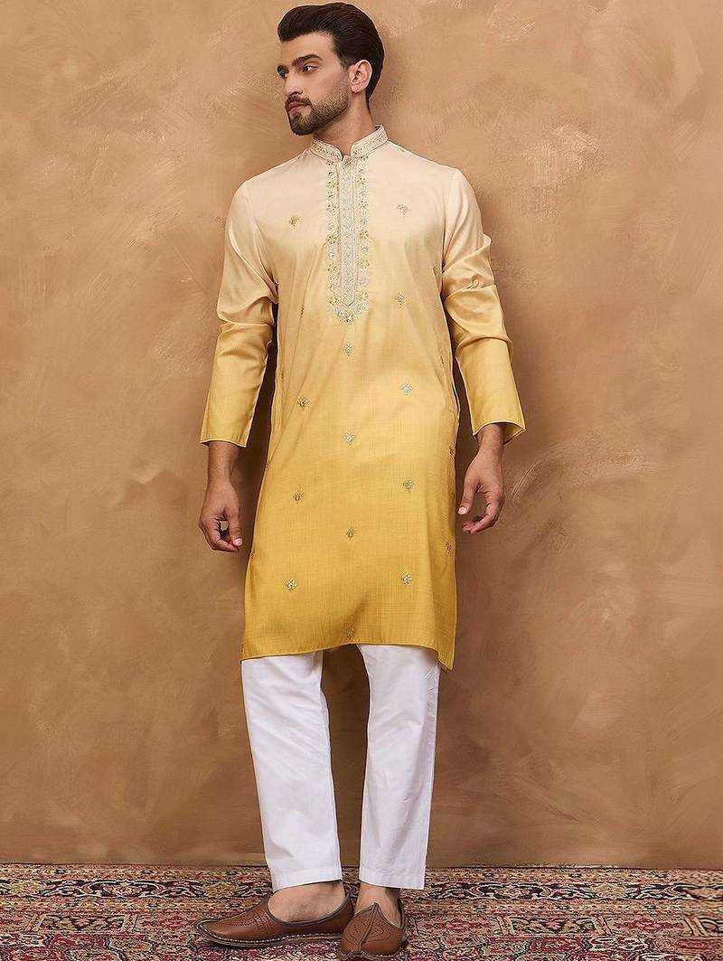 Men yellow silk blend solid embroidered straight kurta with pant set
