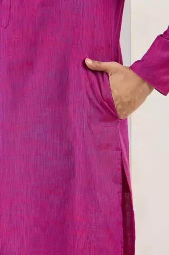 Men pink cotton solid woven design straight kurta with pant set