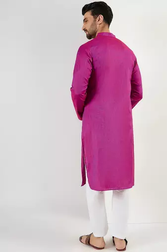 Men pink cotton solid woven design straight kurta with pant set