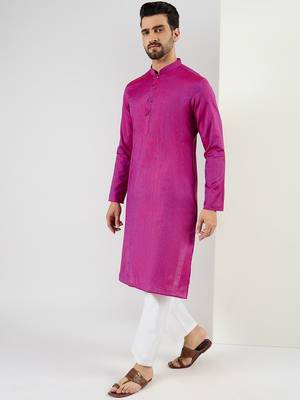 Men pink cotton solid woven design straight kurta with pant set 5