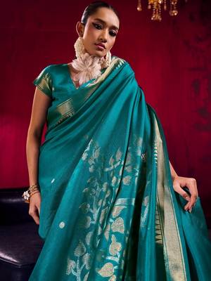 Teal satin linen weaving silk blend saree with matching blouse elegant daily & casual wear 2