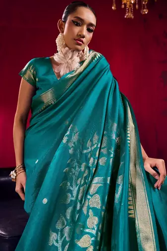 Teal satin linen weaving silk blend saree with matching blouse  elegant daily & casual wear
