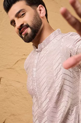 Men lavender viscose rayon solid embroidered straight kurta with trousers