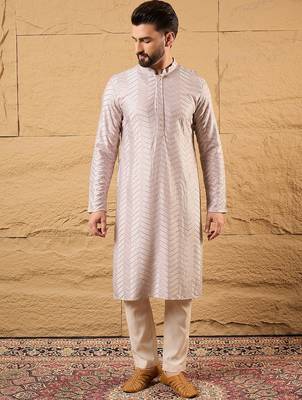 Men lavender viscose rayon solid embroidered straight kurta with trousers 2
