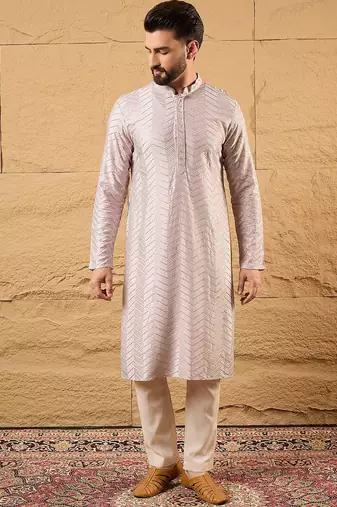 Men lavender viscose rayon solid embroidered straight kurta with trousers