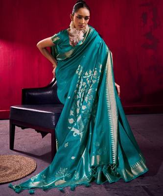 Teal satin linen weaving silk blend saree with matching blouse elegant daily & casual wear 3