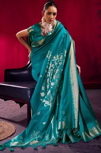 Teal satin linen weaving silk blend saree with matching blouse  elegant daily & casual wear