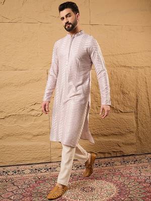 Men lavender viscose rayon solid embroidered straight kurta with trousers 3