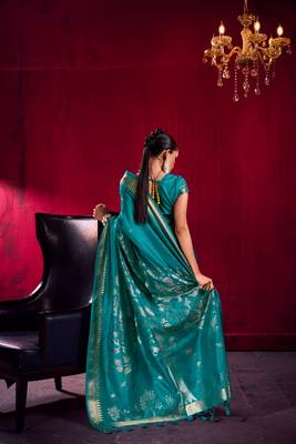 Teal satin linen weaving silk blend saree with matching blouse elegant daily & casual wear 4
