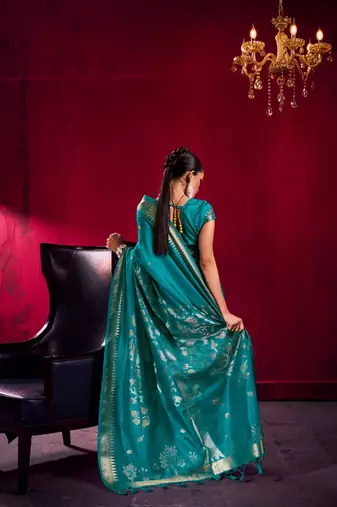 Teal satin linen weaving silk blend saree with matching blouse  elegant daily & casual wear