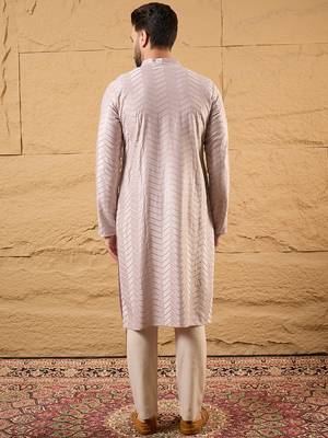 Men lavender viscose rayon solid embroidered straight kurta with trousers 4