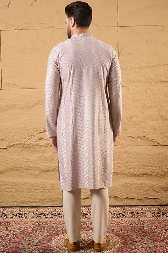 Men lavender viscose rayon solid embroidered straight kurta with trousers