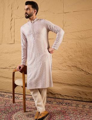 Men lavender viscose rayon solid embroidered straight kurta with trousers 5