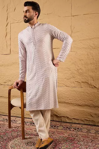 Men lavender viscose rayon solid embroidered straight kurta with trousers