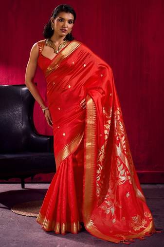 Red satin linen handloom weaving silk saree with matching blouse     elegant daily & casual wear