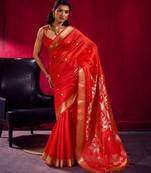 Red satin linen weaving silk blend saree with matching blouse  elegant daily & casual wear