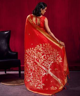 Red satin linen weaving silk blend saree with matching blouse elegant daily & casual wear 2