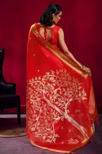Red satin linen weaving silk blend saree with matching blouse  elegant daily & casual wear