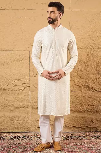 Men off white viscose rayon solid embroidered straight kurta with trousers
