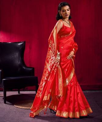 Red satin linen weaving silk blend saree with matching blouse elegant daily & casual wear 4