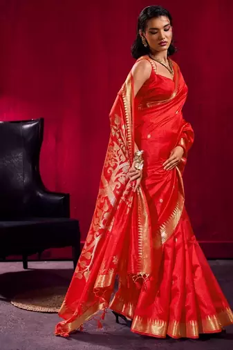 Red satin linen weaving silk blend saree with matching blouse  elegant daily & casual wear