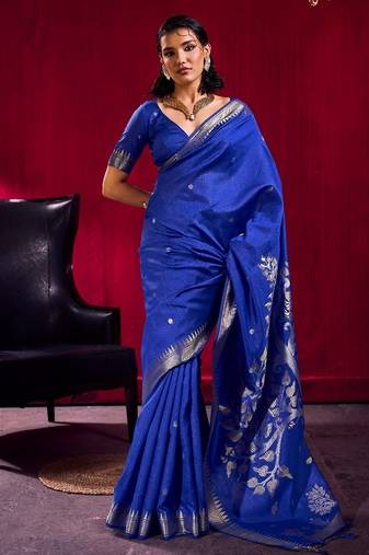 Navy blue satin linen handloom weaving silk saree with matching blouse     elegant daily & casual wear