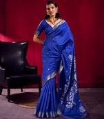 Navy blue satin linen weaving silk blend saree with matching blouse  elegant daily & casual wear