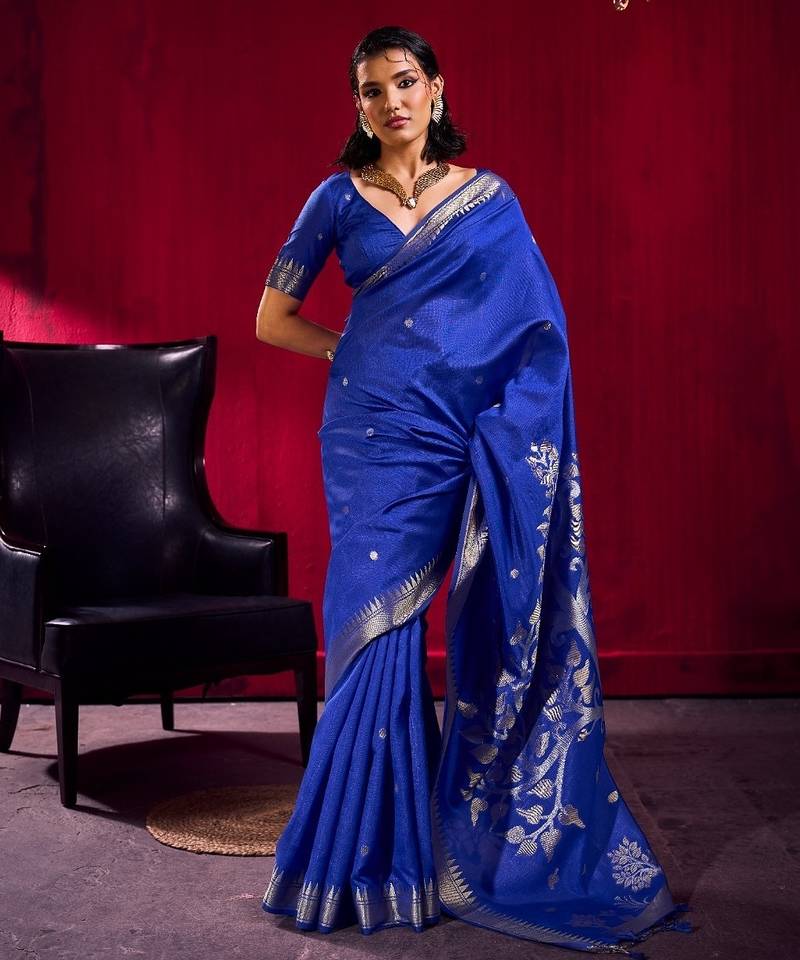 Navy blue satin linen handloom weaving silk saree with matching blouse      daily & casual wear