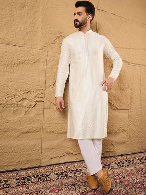 Men off white viscose rayon solid embroidered straight kurta with trousers 5