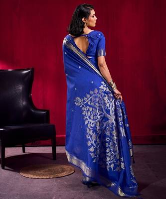 Navy blue satin linen weaving silk blend saree with matching blouse elegant daily & casual wear 2