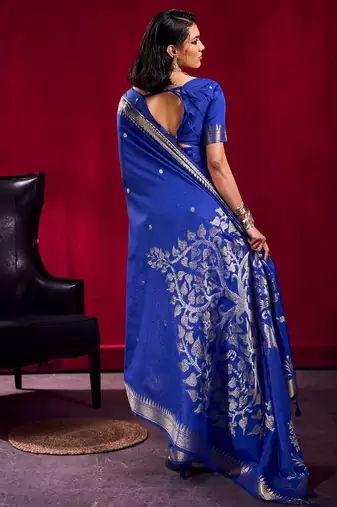 Navy blue satin linen weaving silk blend saree with matching blouse  elegant daily & casual wear
