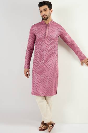 Men pink viscose rayon solid embroidered straight kurta with trouser