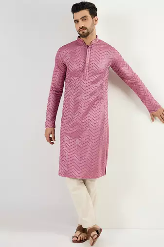 Men pink viscose rayon solid embroidered straight kurta with trouser