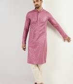 Men pink viscose rayon solid embroidered straight kurta with trouser