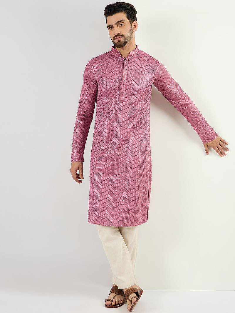 Men pink viscose rayon solid embroidered straight kurta with trouser