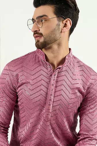 Men pink viscose rayon solid embroidered straight kurta with trouser