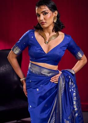 Navy blue satin linen weaving silk blend saree with matching blouse elegant daily & casual wear 3
