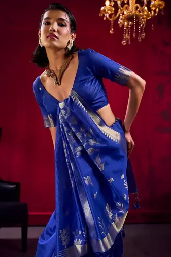 Navy blue satin linen weaving silk blend saree with matching blouse  elegant daily & casual wear