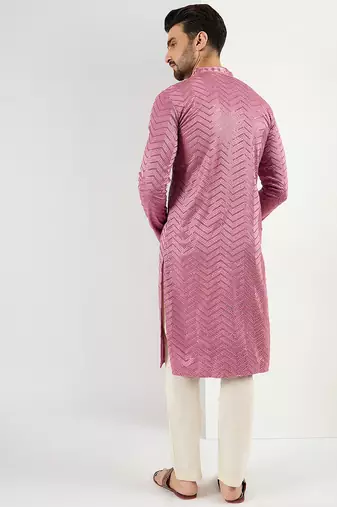 Men pink viscose rayon solid embroidered straight kurta with trouser