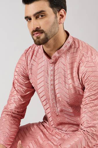 Men peach viscose rayon solid embroidered straight kurta with trousers