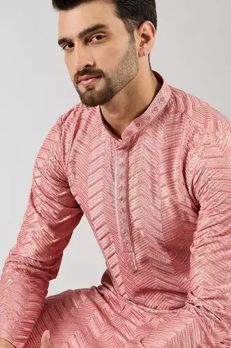 Men peach viscose rayon solid embroidered straight kurta with trousers