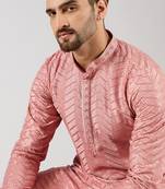 Men peach viscose rayon solid embroidered straight kurta with trousers