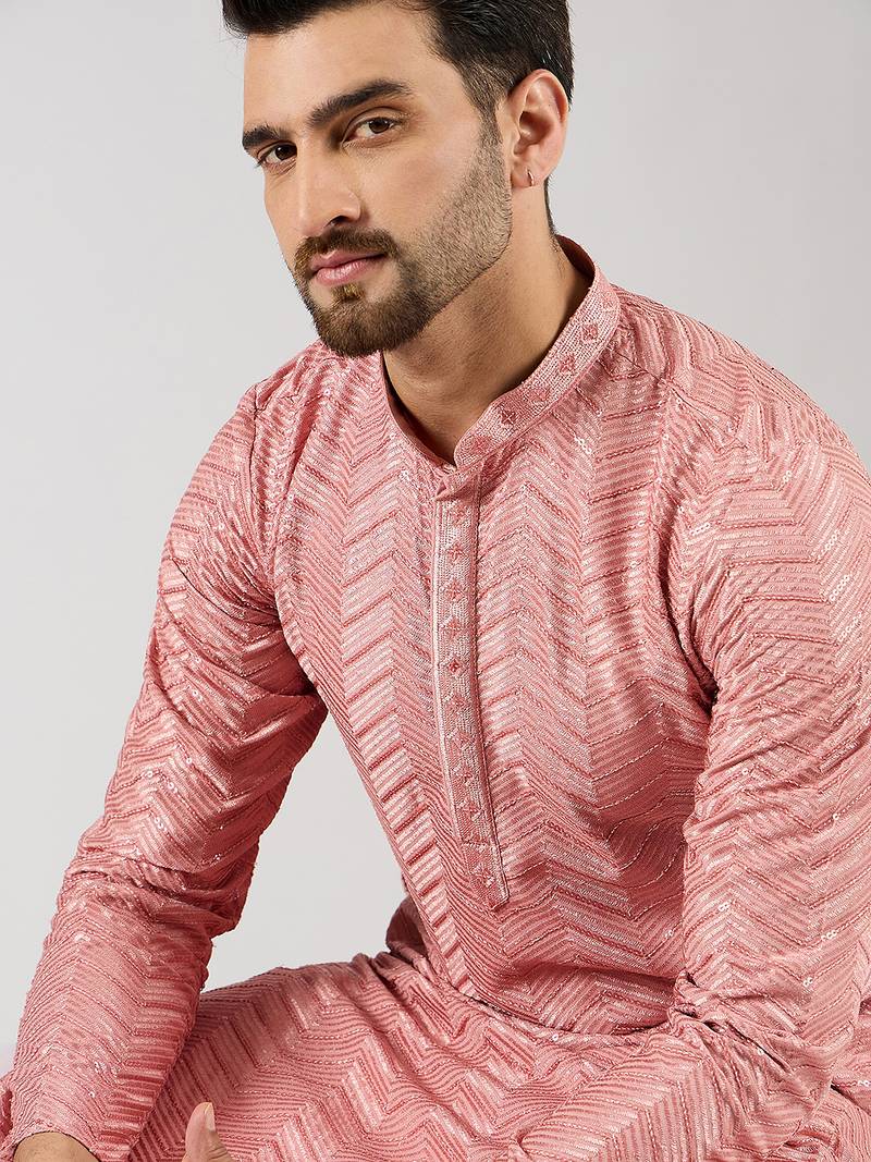 Men peach viscose rayon solid embroidered straight kurta with trousers