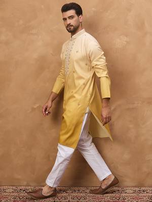 Men yellow silk blend solid embroidered straight kurta with pant set 3