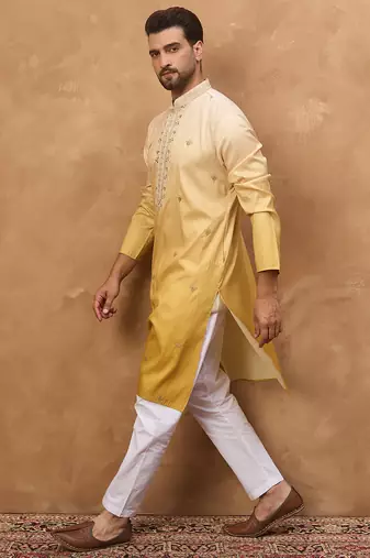Men yellow silk blend solid embroidered straight kurta with pant set