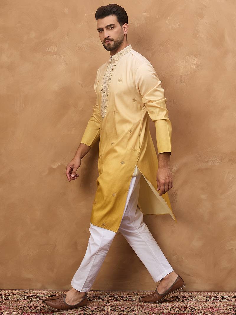 Men yellow silk blend solid embroidered straight kurta with pant set