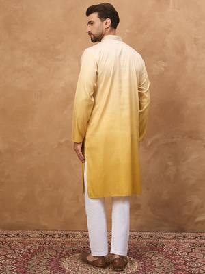 Men yellow silk blend solid embroidered straight kurta with pant set 4