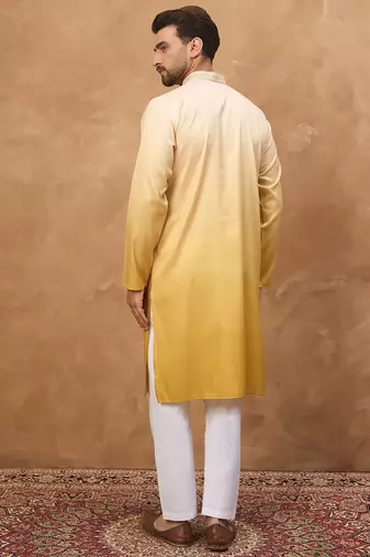 Men yellow silk blend solid embroidered straight kurta with pant set