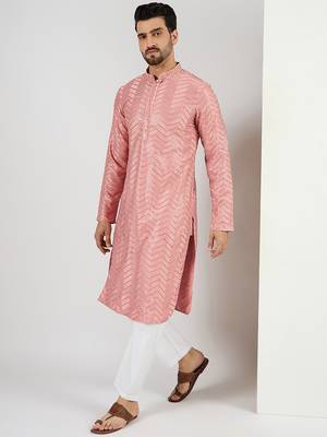 Men peach viscose rayon solid embroidered straight kurta with trousers 2